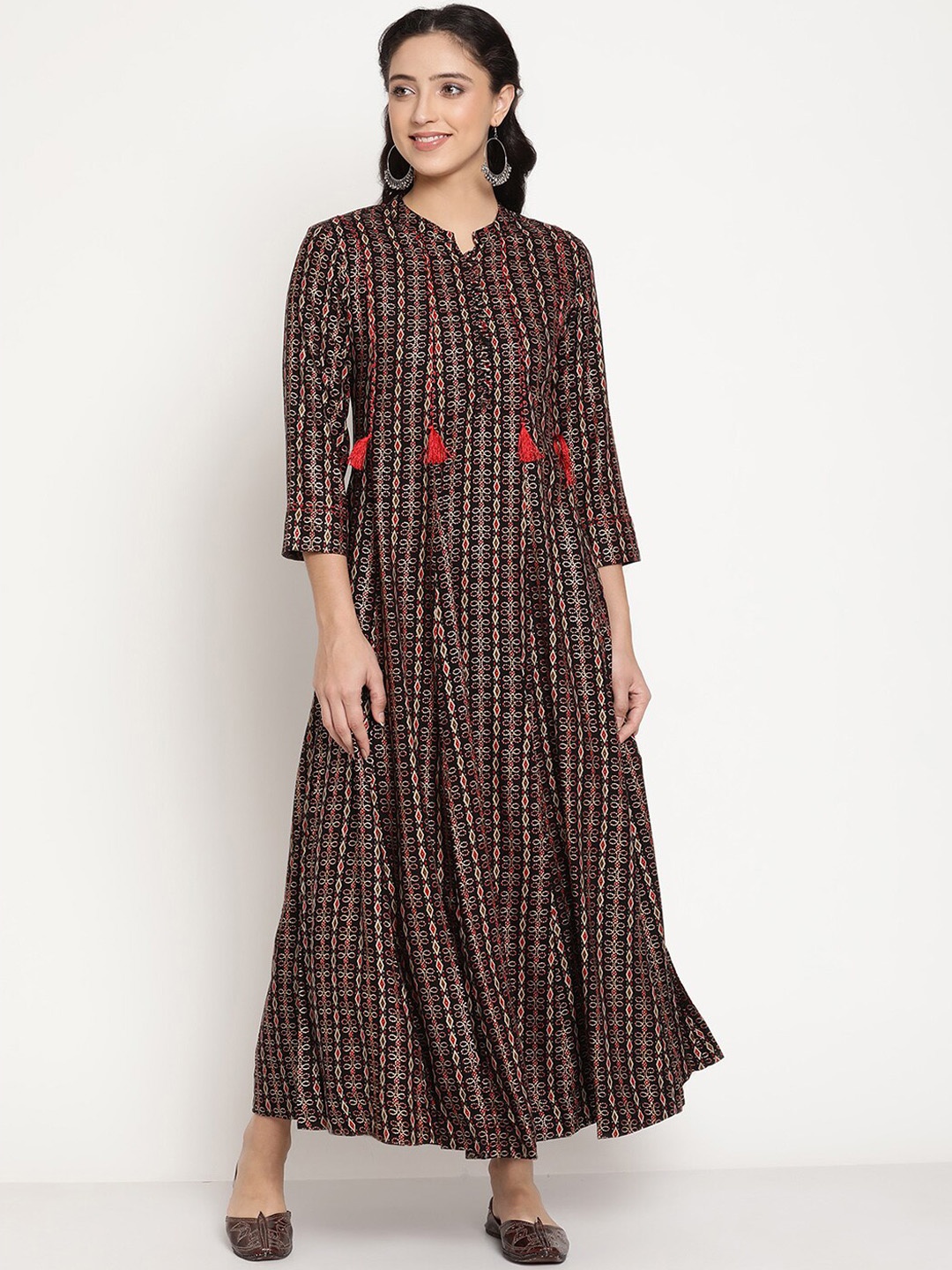 

Be Indi Rayon Ethnic Motifs Printed Mandarin Collar Maxi Dress, Black