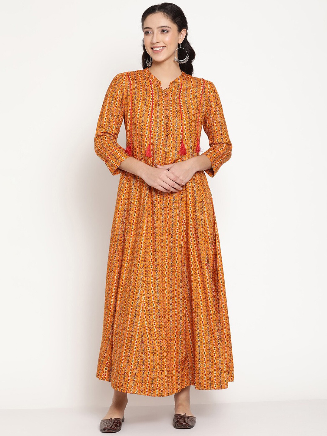 

Be Indi Rayon Embroidered and Ethnic Motifs Printed Mandarin Collar Maxi Dress, Mustard