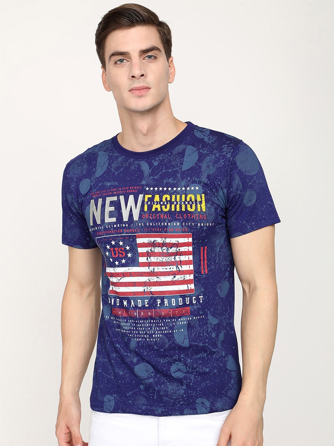 

V2 Value & Variety Men Printed Round Neck Pure Cotton T-shirt, Navy blue