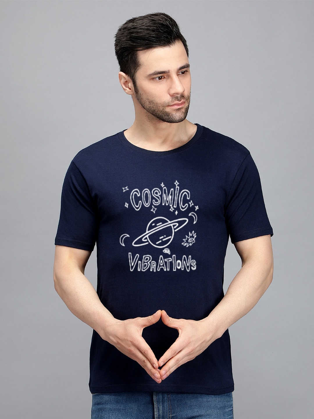 

TRENDY RABBIT Men Typography Printed Cotton T-shirt, Navy blue