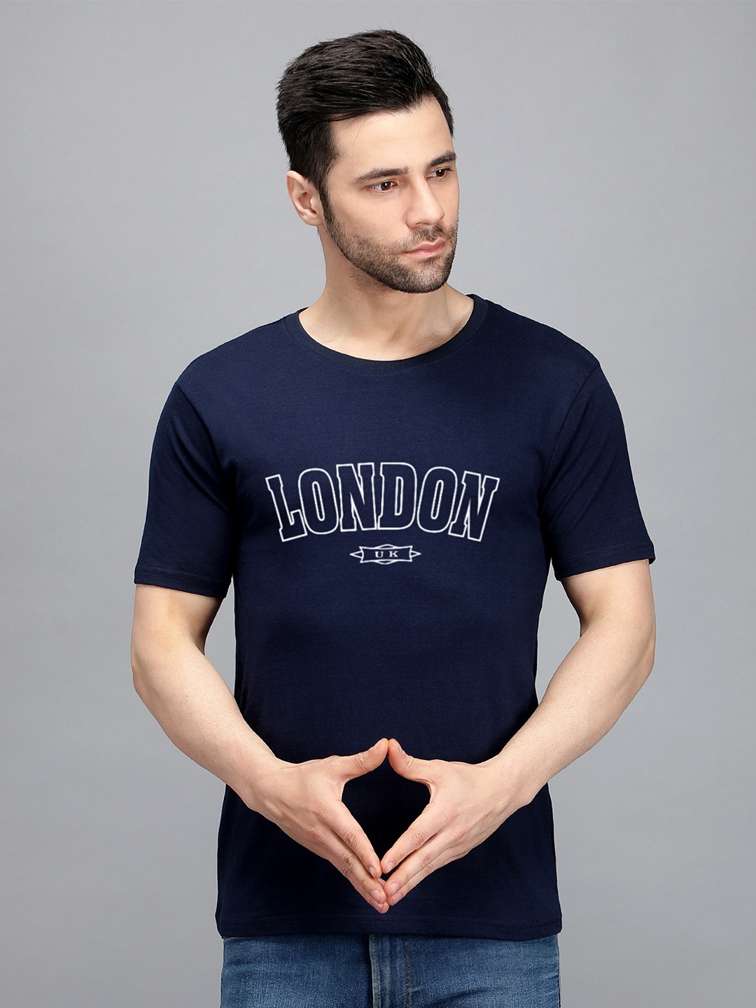 

TRENDY RABBIT Men Typography Printed Cotton T-shirt, Navy blue
