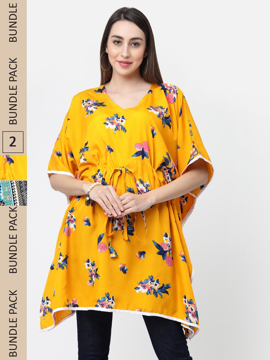 

MISS AYSE Pack of 2 Floral Printed Extended Sleeves Kaftan Longline Top, Yellow