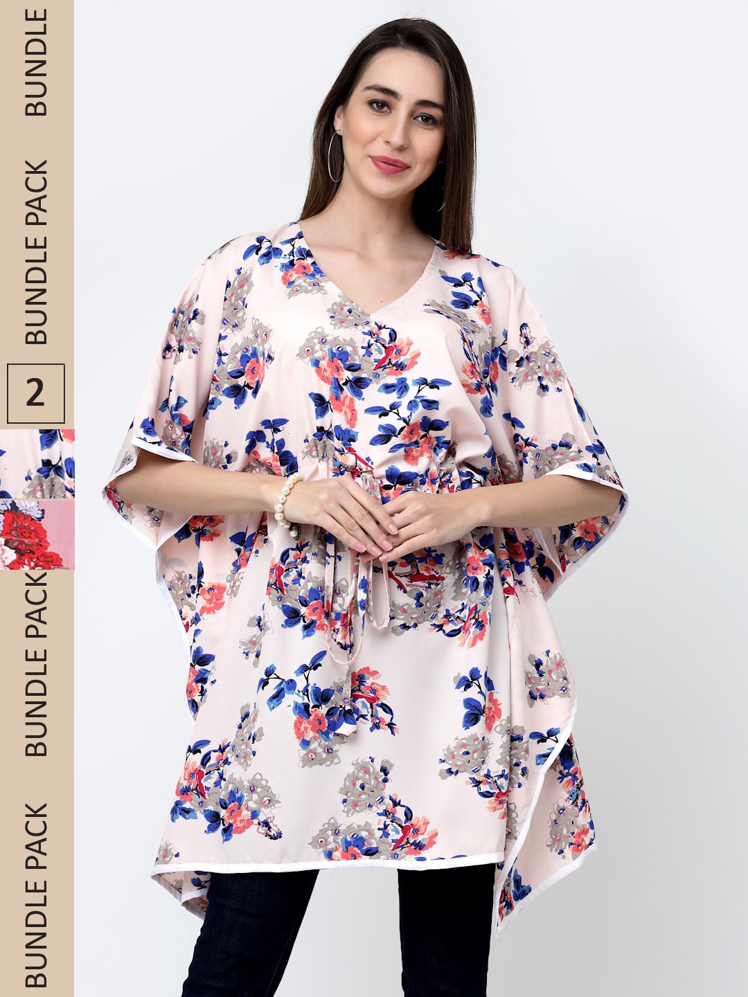 

MISS AYSE Pack Of 2 Floral Print Crepe Kaftan Longline Top, White