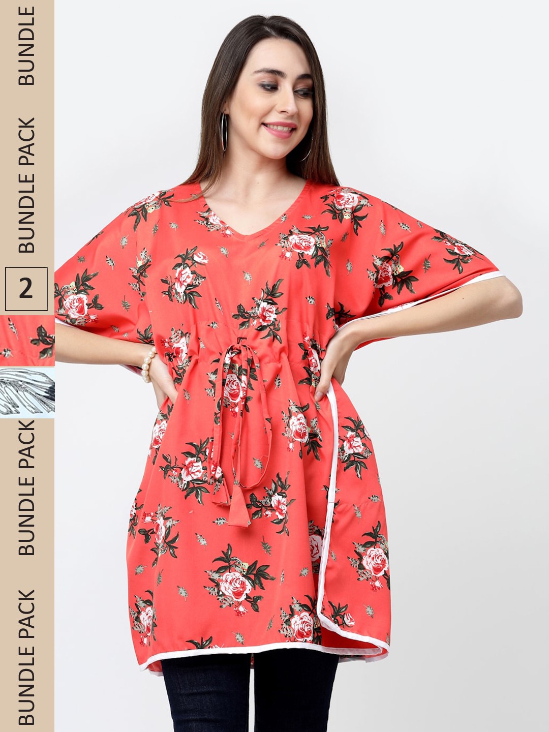 

MISS AYSE Pack of 2 Floral Print Crepe Longline Top, Coral