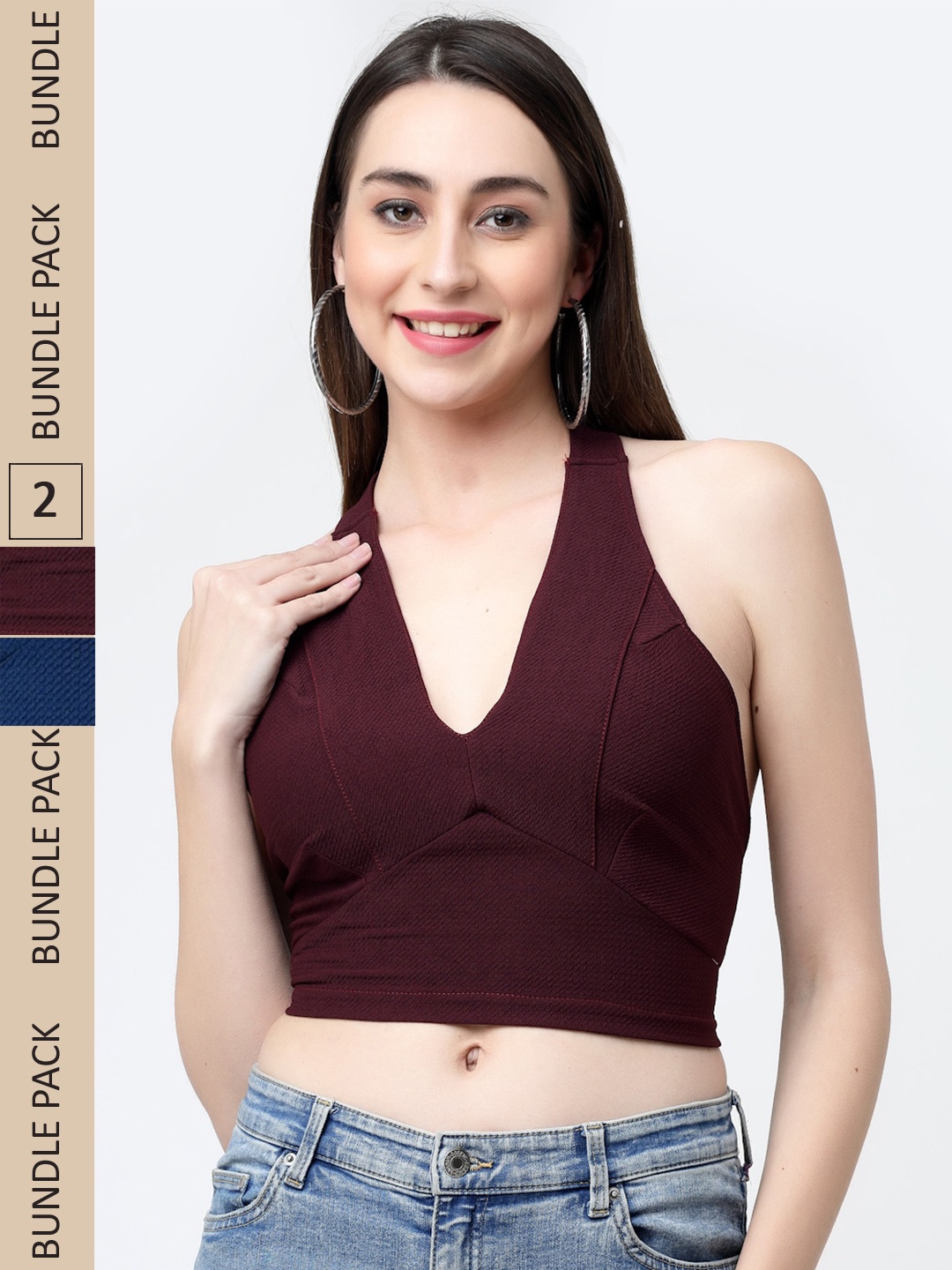 

MISS AYSE Pack of 2 Halter Neck Bralette Crop Top, Maroon