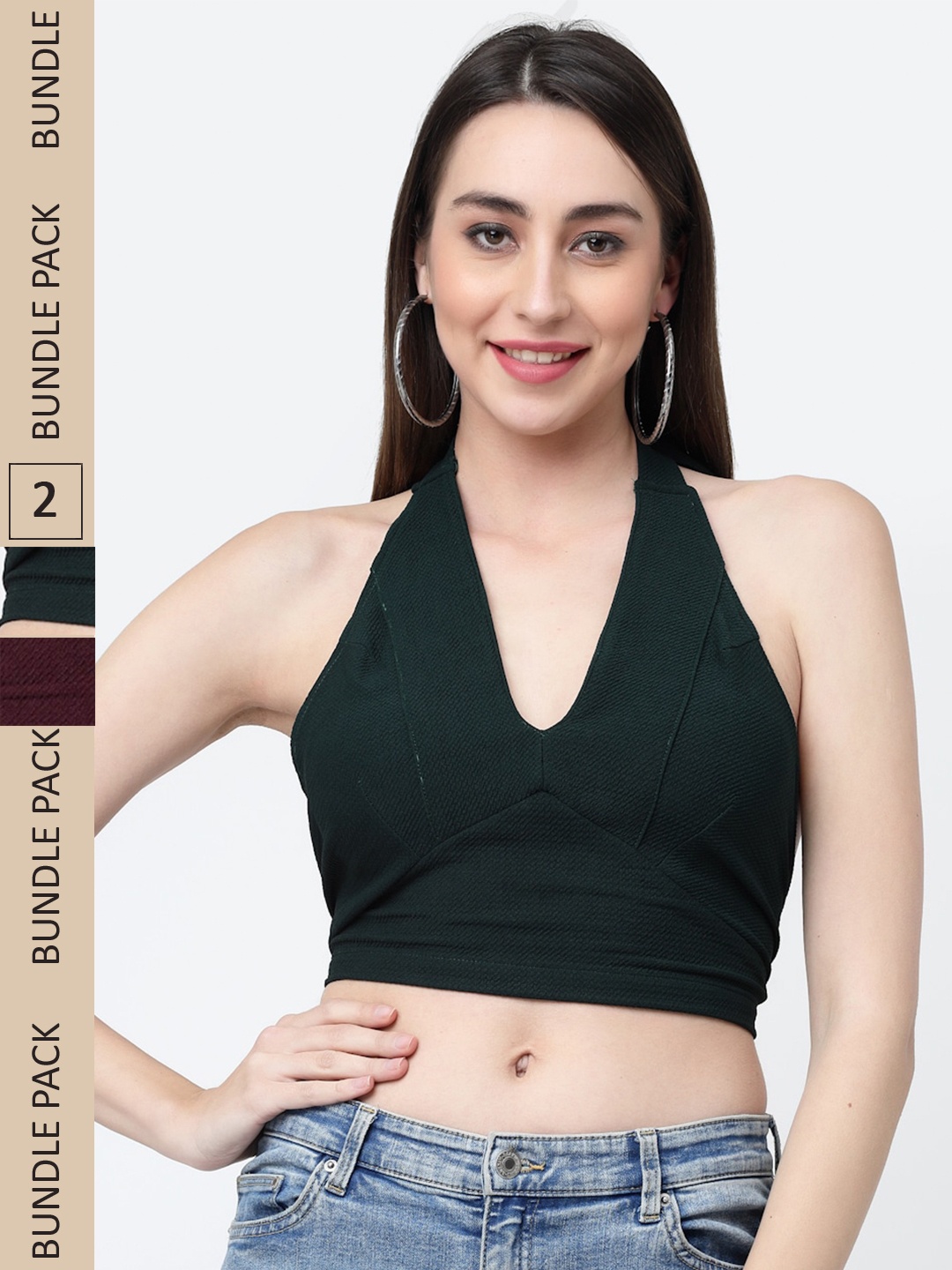 

MISS AYSE Pack of 2 Halter Neck Bralette Crop Top, Green