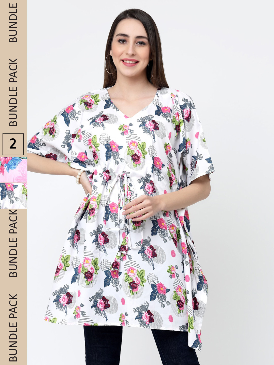 

MISS AYSE Pack Of 2 Floral Print Crepe Kaftan Longline Top, Pink