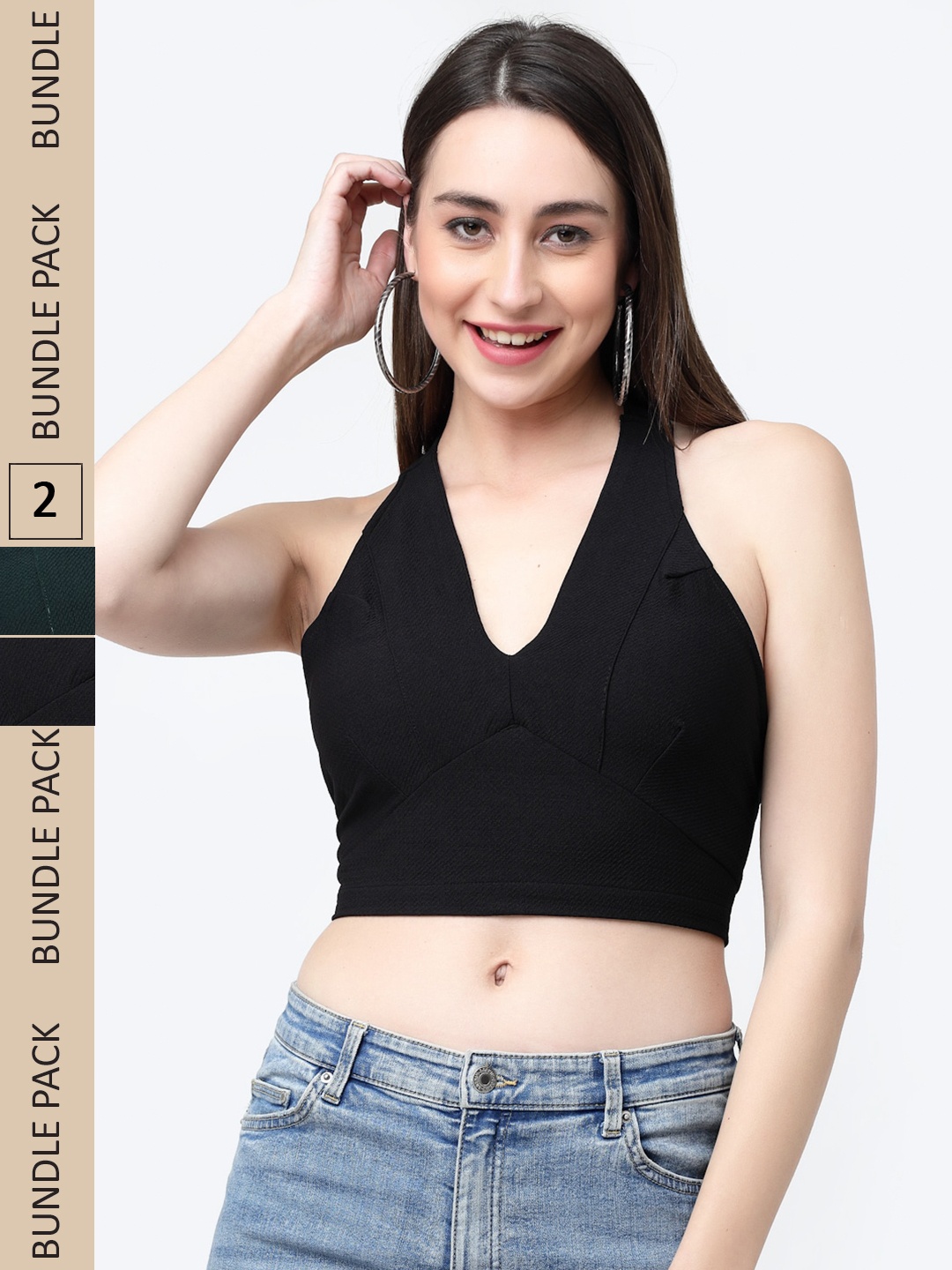 

MISS AYSE Pack Of 2 Halter Neck Bralette Cotton Crop Top, Black