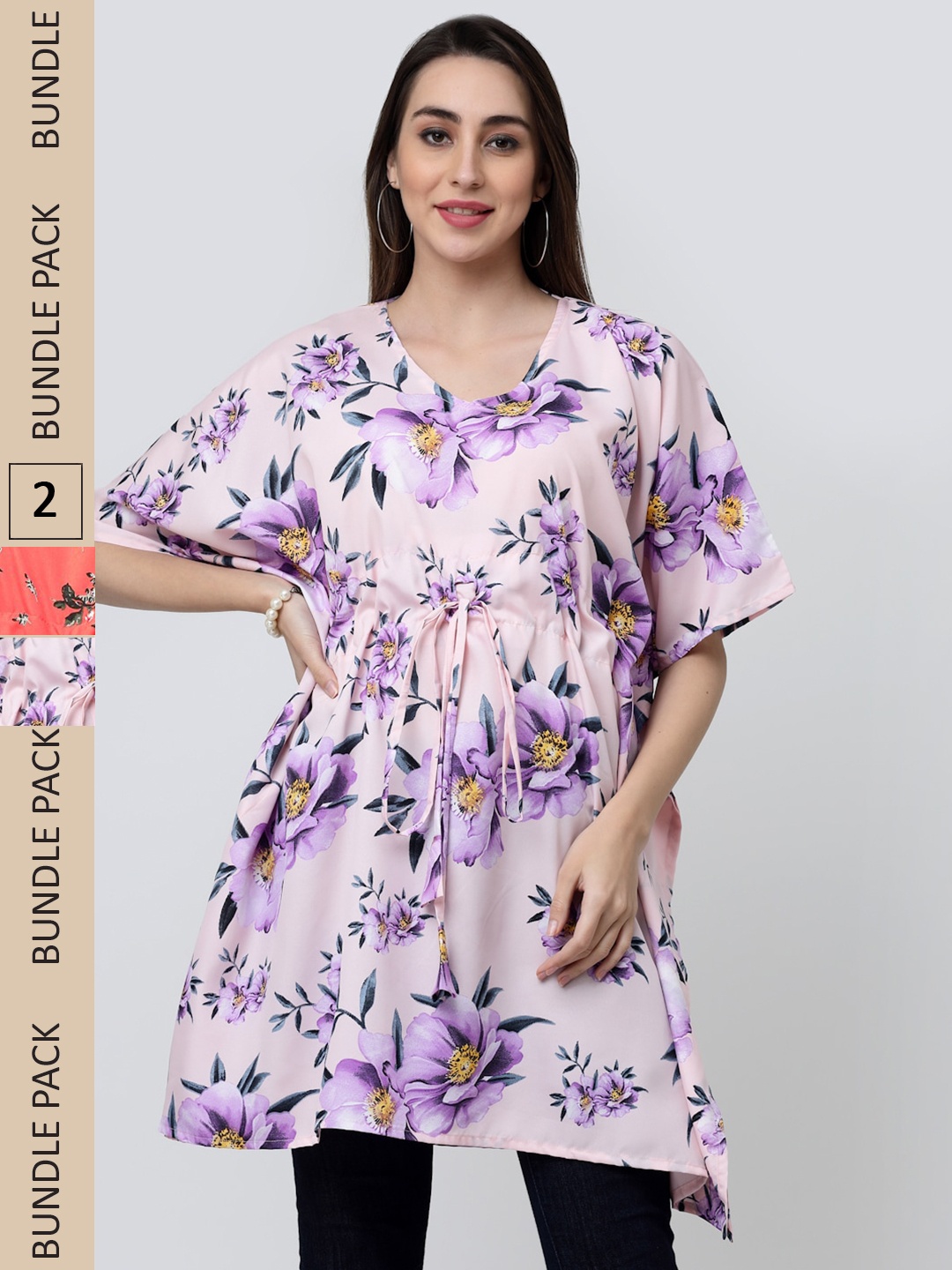 

MISS AYSE Pack of 2 Floral Printed Extended Sleeves Kaftan Longline Top, Purple