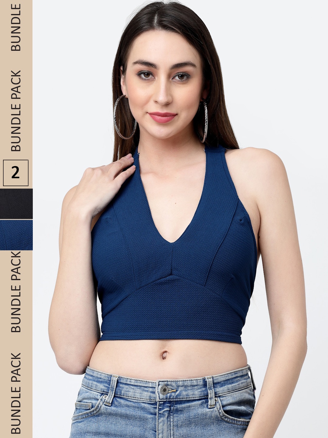 

MISS AYSE Halter Neck Bralette Cotton Crop Top, Blue