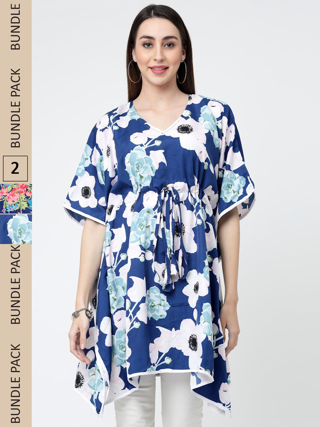 

MISS AYSE Pack Of 2 Floral Print Crepe Kaftan Longline Top, Blue