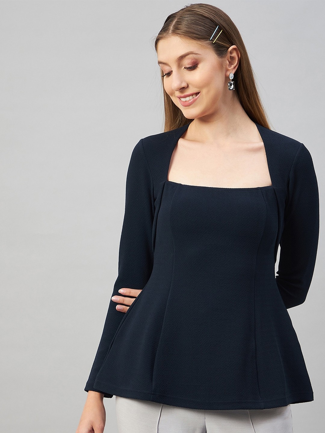 

Orchid Blues Square Neck Peplum Top, Navy blue