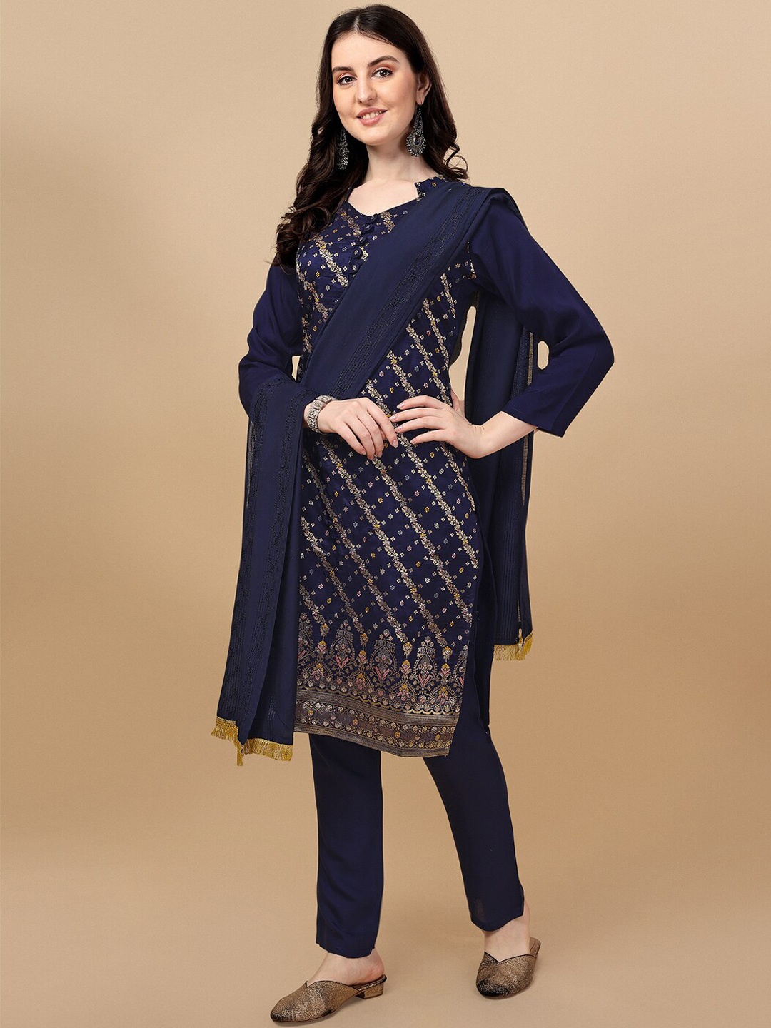 

JATRIQQ Women Floral Printed Pure Silk Kurta with Trousers & Dupatta, Navy blue