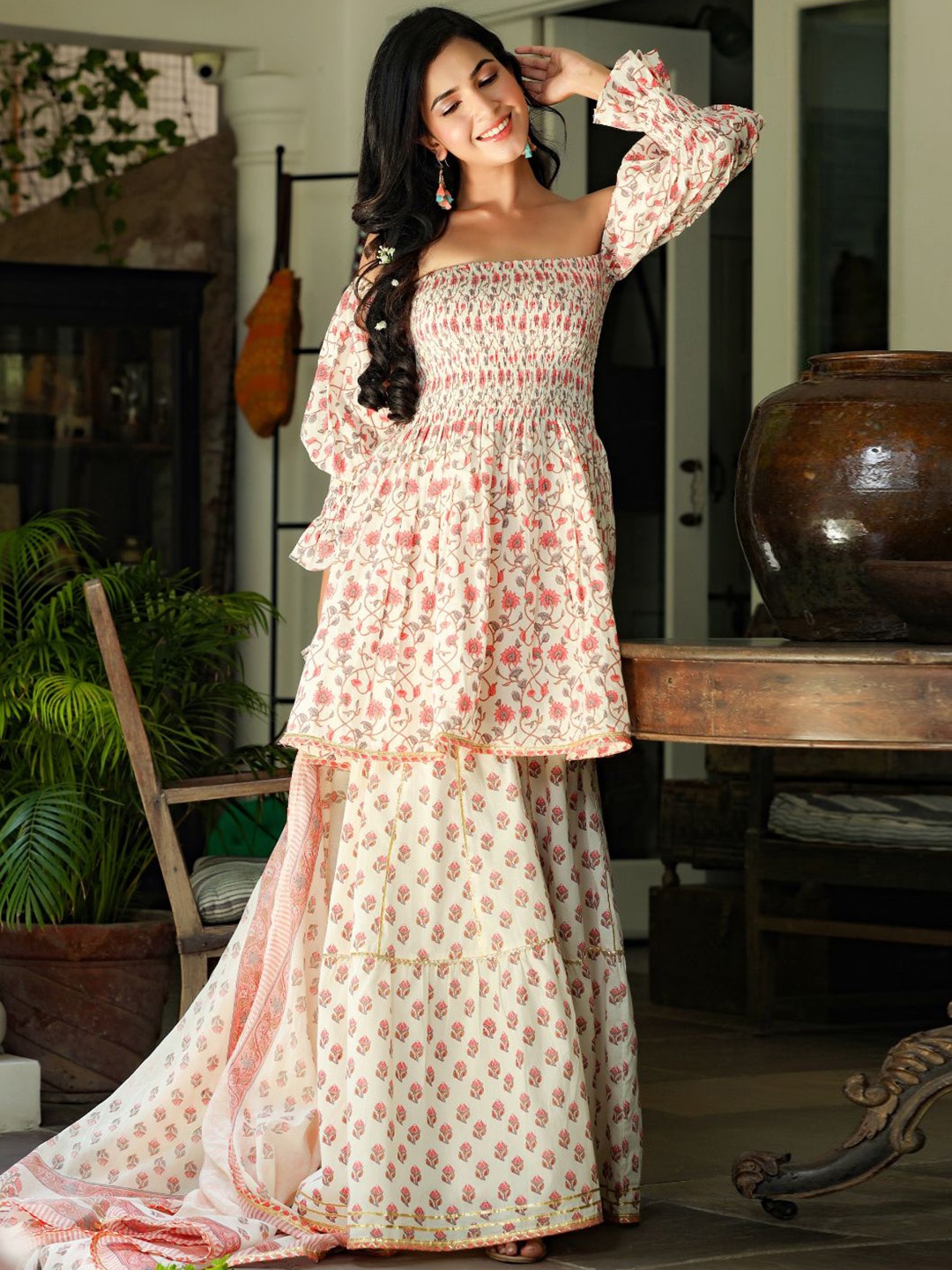 

PINKVILLE JAIPUR Women Floral Printed Pleated Pure Cotton Kurti with Sharara & Dupatta, Off white