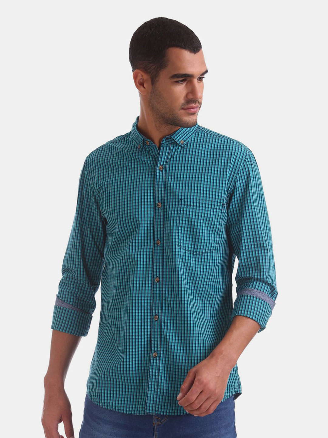 

V-Mart Men Classic Checked Casual Cotton Shirt, Green