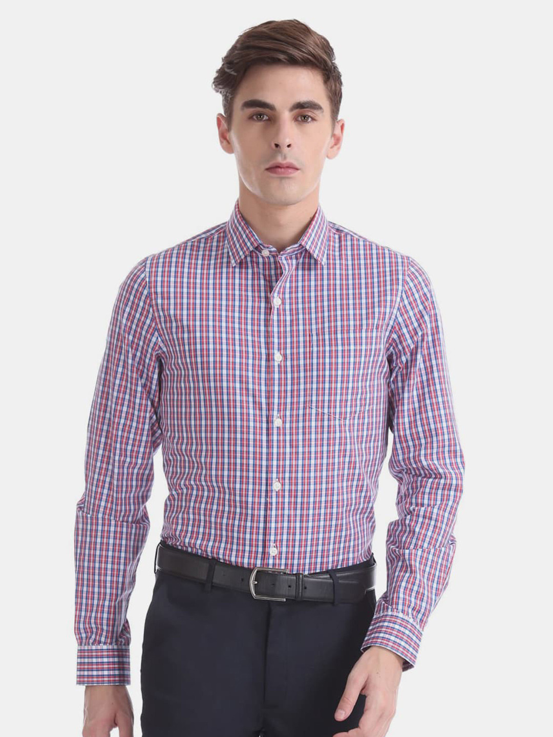 

V-Mart Men Spread Collar Checked Formal Cotton Shirt, White