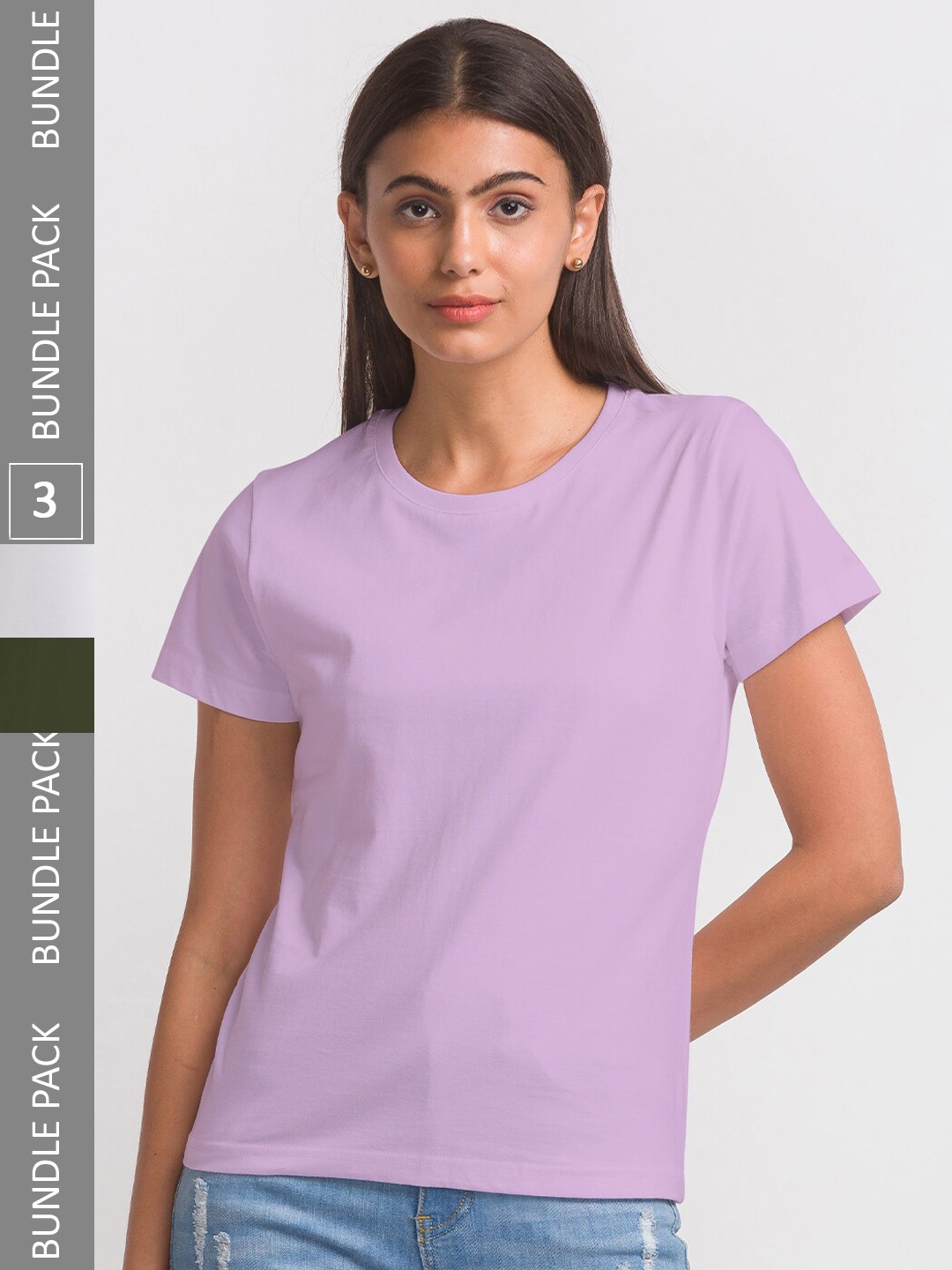 

FashionRack Women Pack Of 3 Round Neck Cotton T-shirt, Lavender