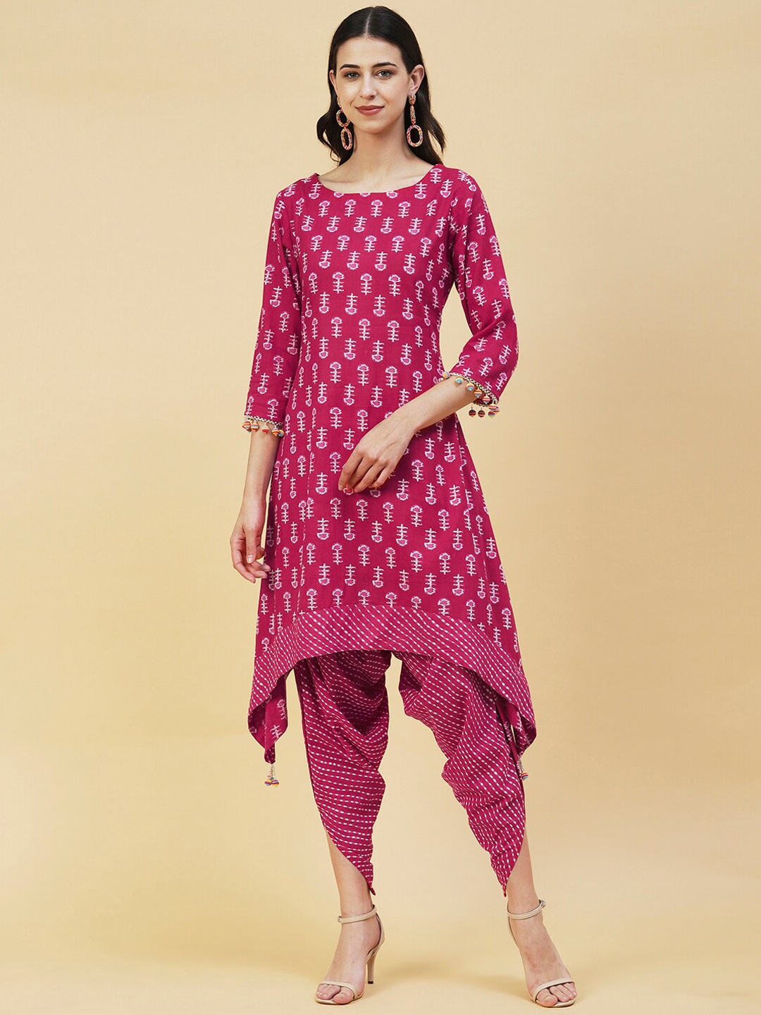 

FASHOR Women Ethnic Motifs Printed Asymmetric Pure Cotton Kurta with Dhoti Pants, Pink