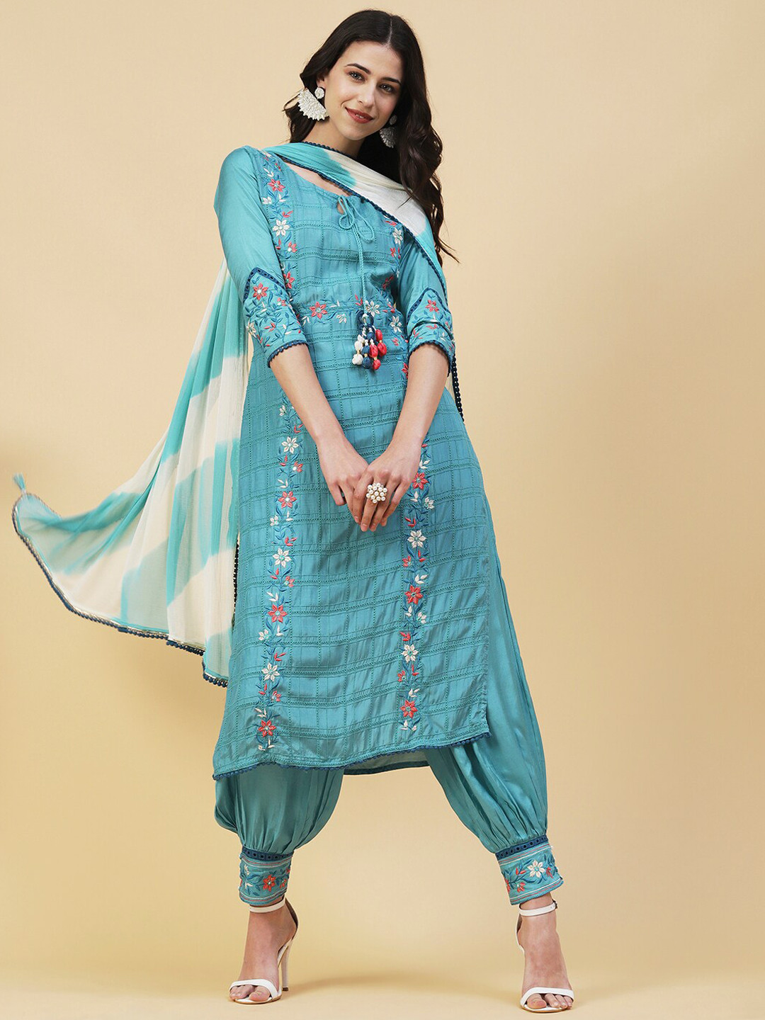 

FASHOR Ethnic Motifs Embroidered Mirror Work Kurta with Patiala & Dupatta, Blue