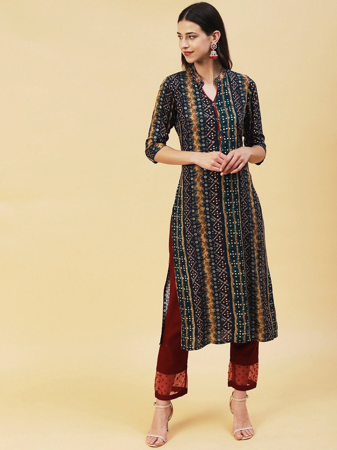 

FASHOR Women Ethnic Motifs Printed Band Collar Kurta, Green