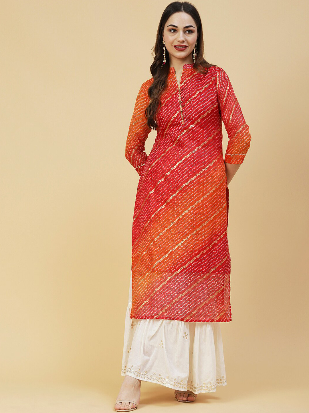 

FASHOR Women Printed Mandarin Collar Straight Kurta, Red