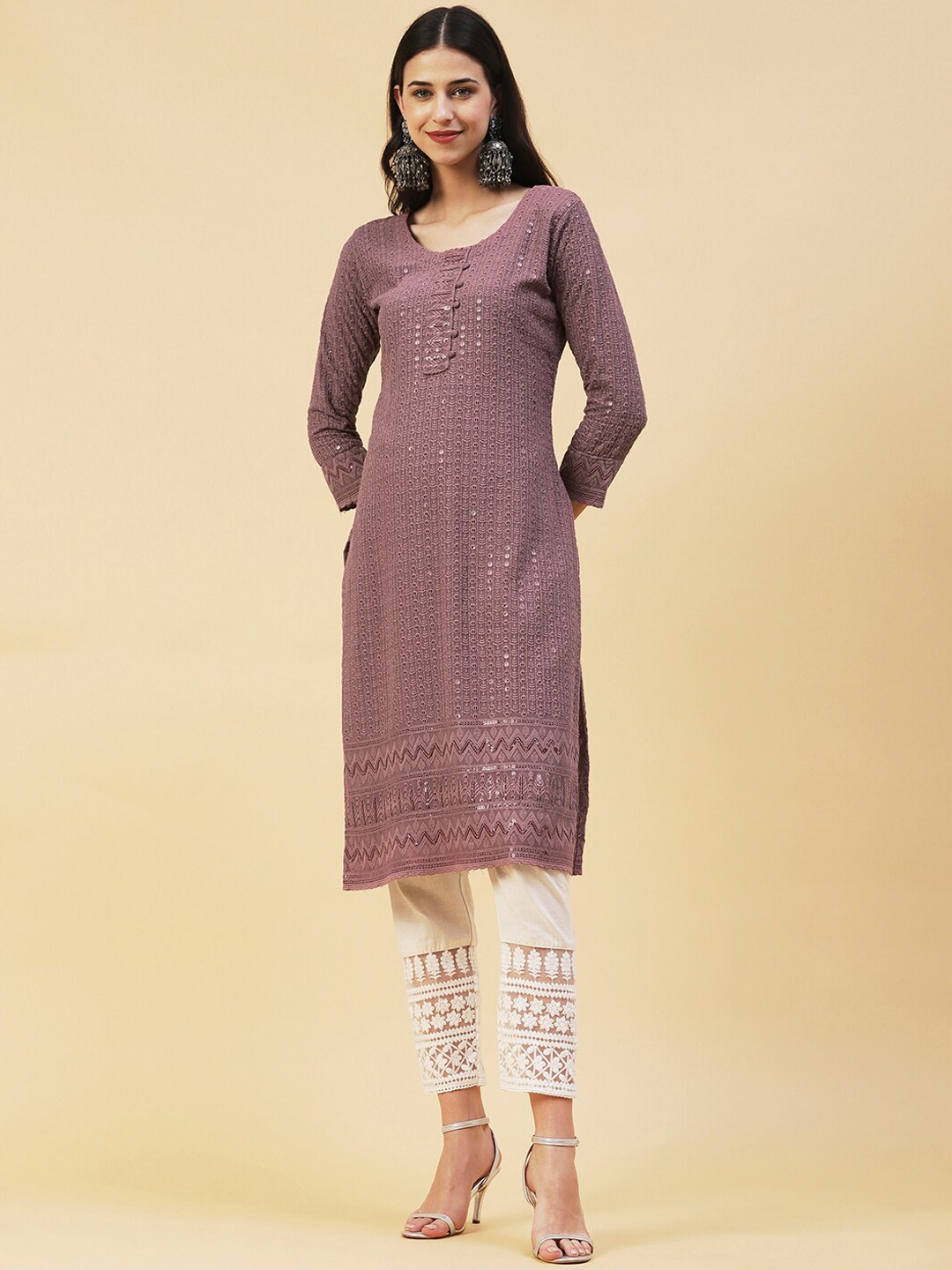 

FASHOR Women Floral Embroidered Thread Work Kurta, Mauve