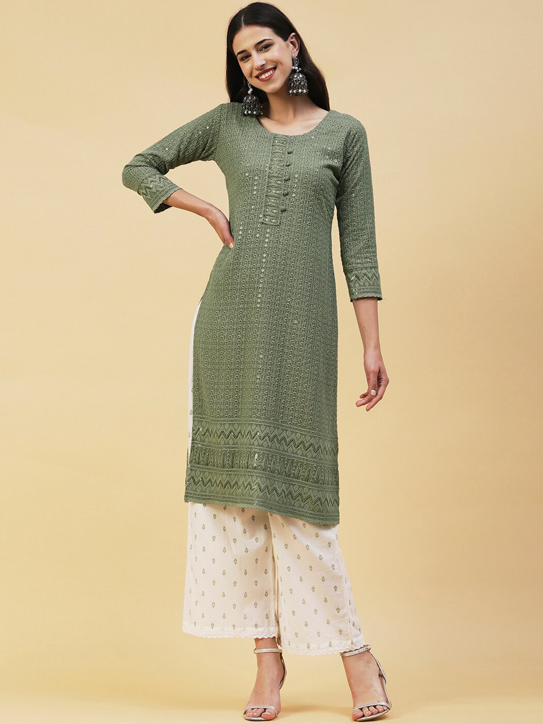 

FASHOR Women Embroidered Straight Fit Kurta, Green