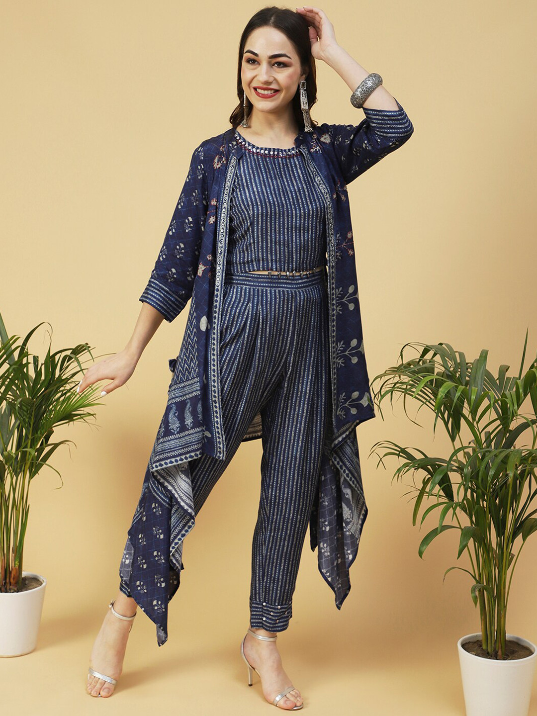 

FASHOR Women Blue Printed Beads and Stones Top & Trousers With Jacket