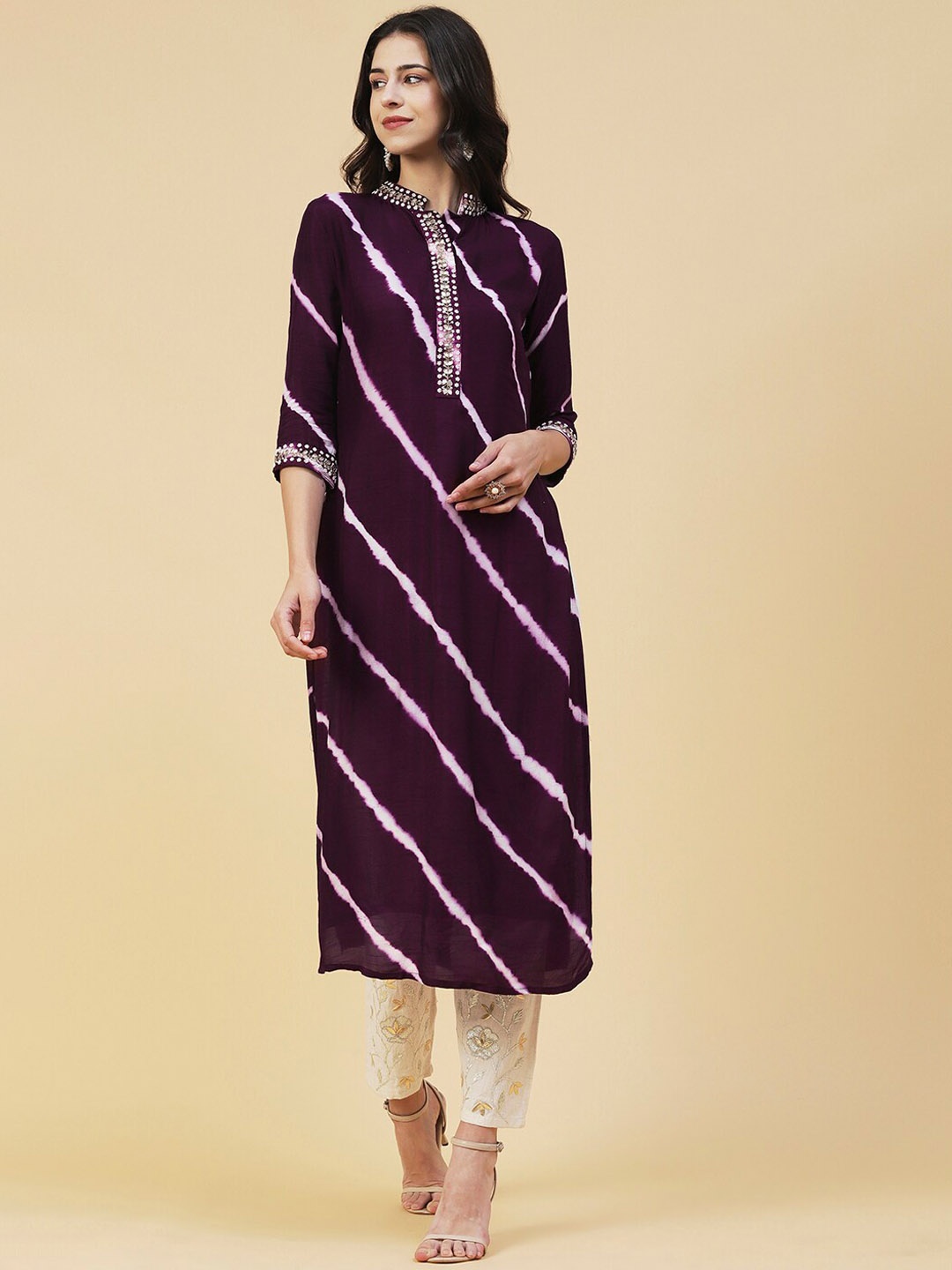 

FASHOR Women Striped Embroidered Straight Fit Kurta, Mauve