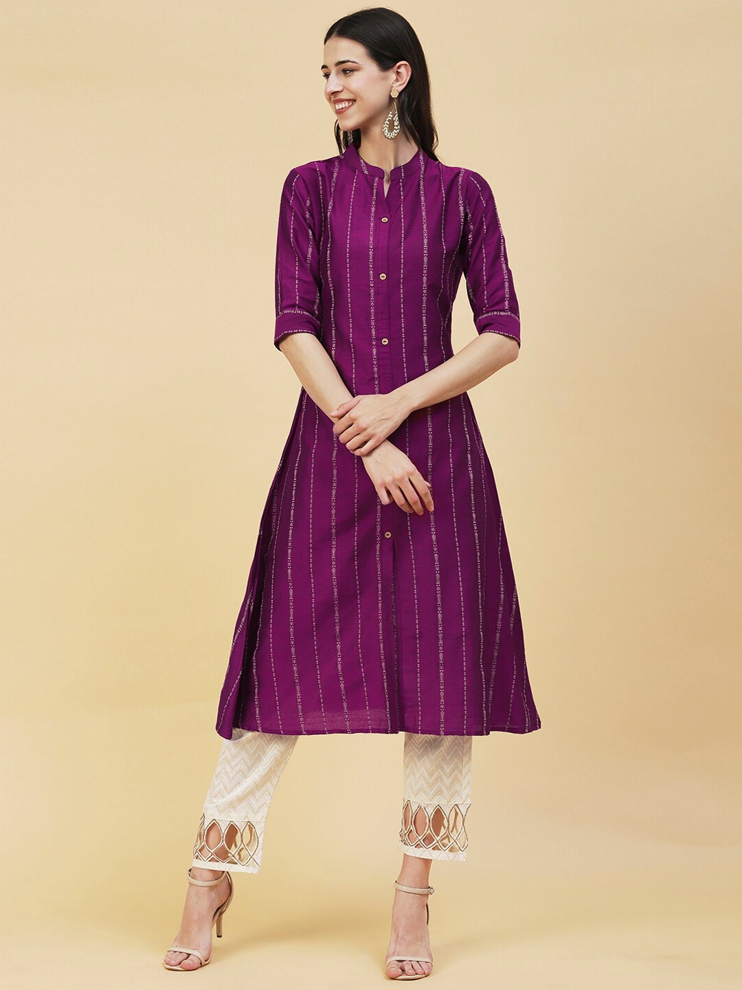 

FASHOR Women Striped Chanderi Silk Kurta, Violet