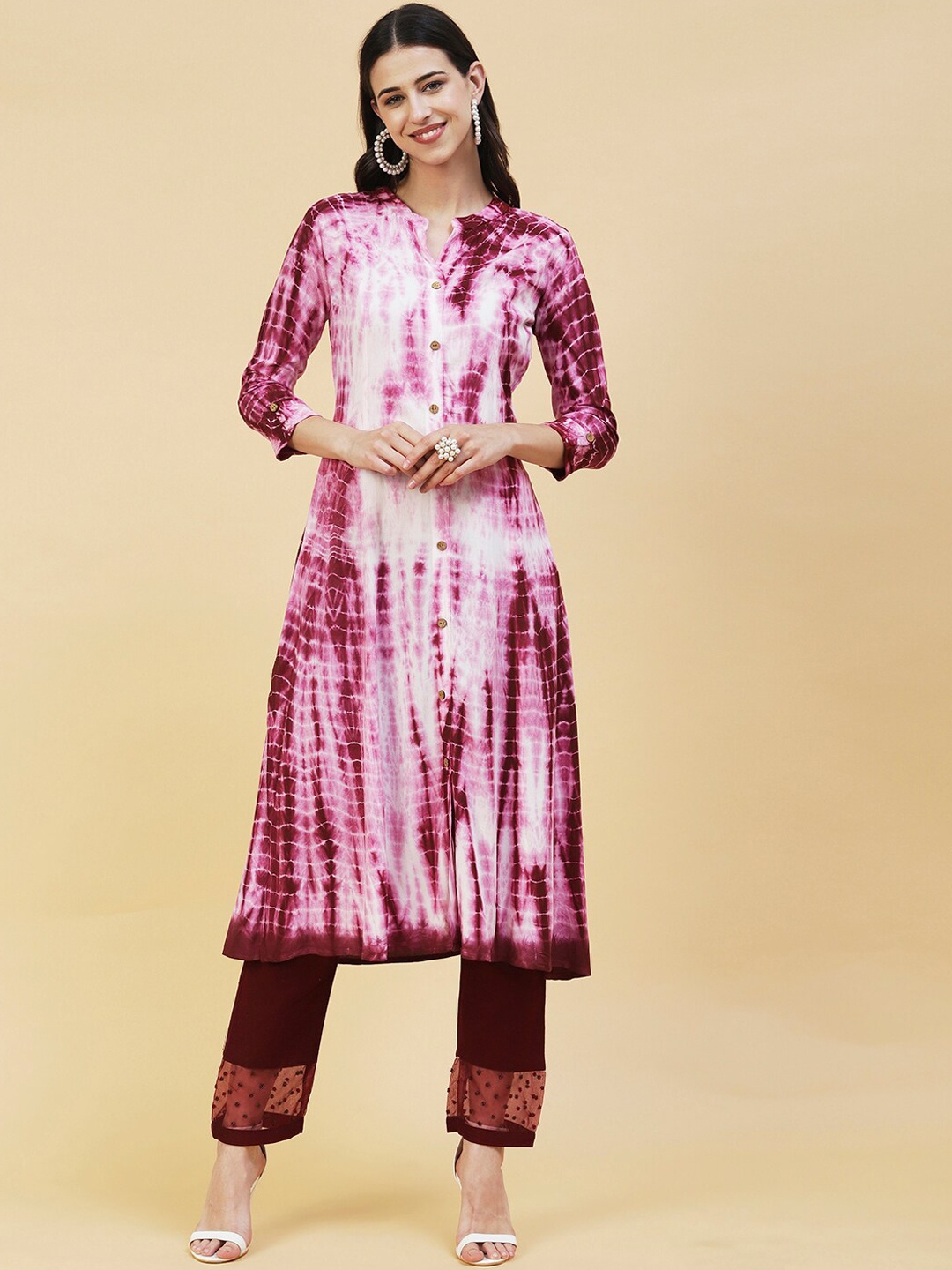 

FASHOR Women Tie-Die Mandarin Collar Straight Kurta, Pink
