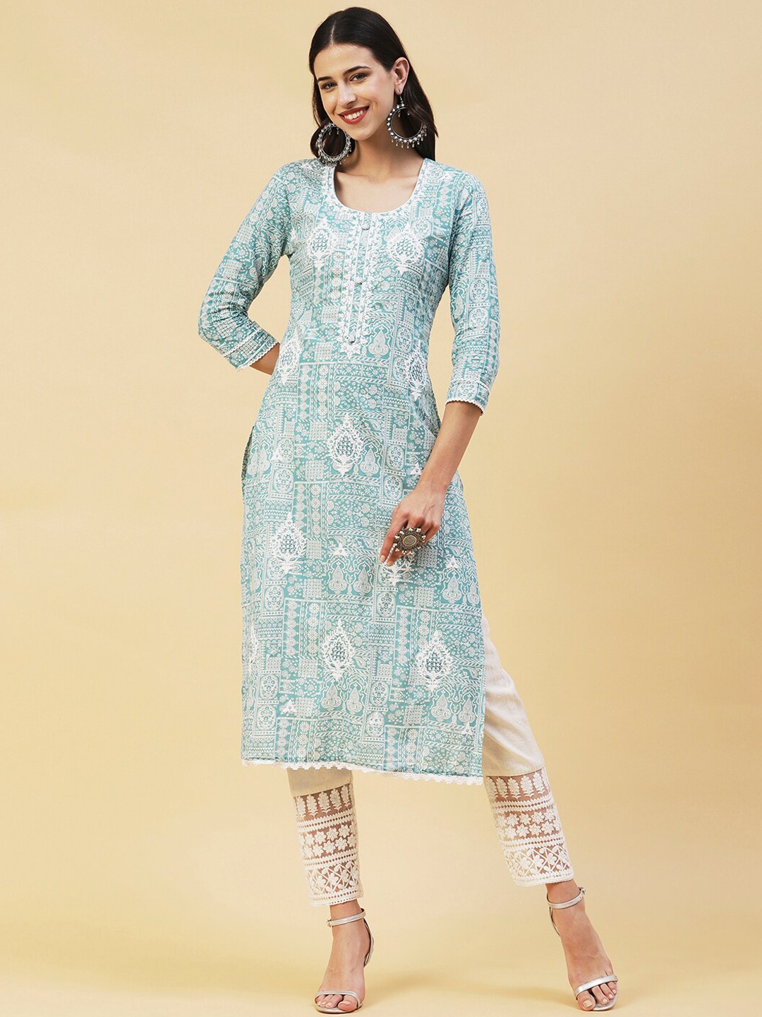 

FASHOR Women Ethnic Motifs Printed Thread Work Pastels Kurta, Turquoise blue