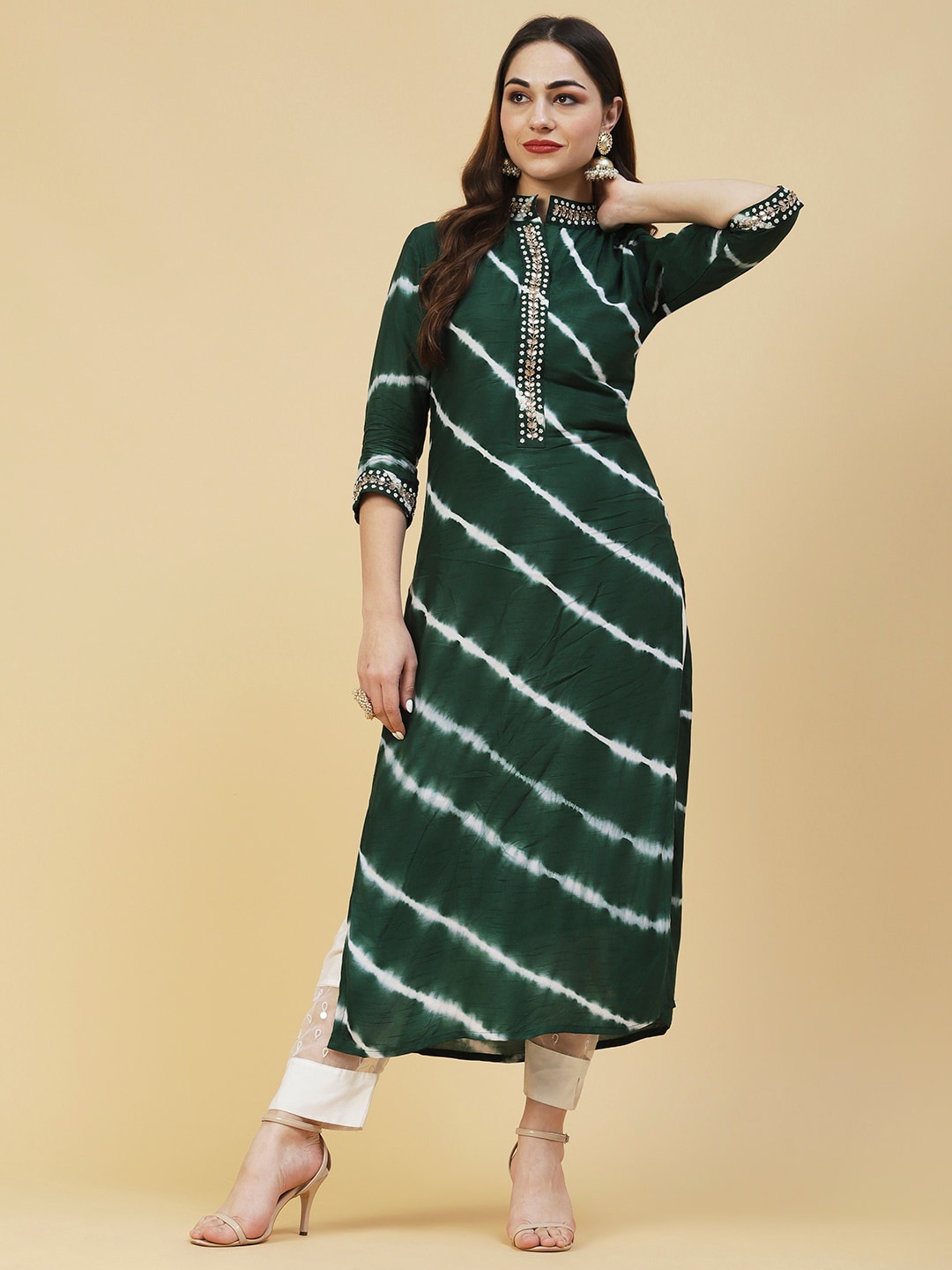 

FASHOR Women Striped Indie Prints Kurta, Green