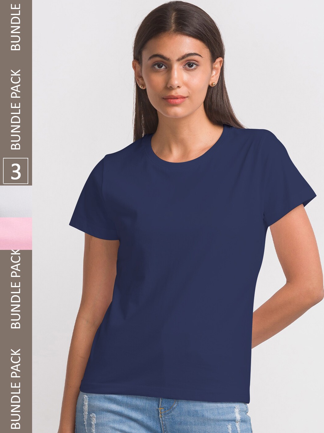 

FashionRack Women Pack Of 3 Cotton Tshirts, Navy blue