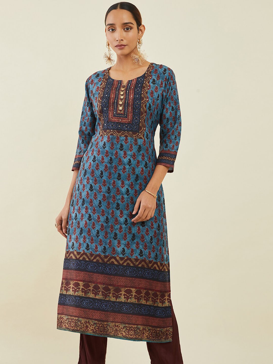 

Soch Women Ethnic Motifs Printed Round Neck Staright Kurta, Blue