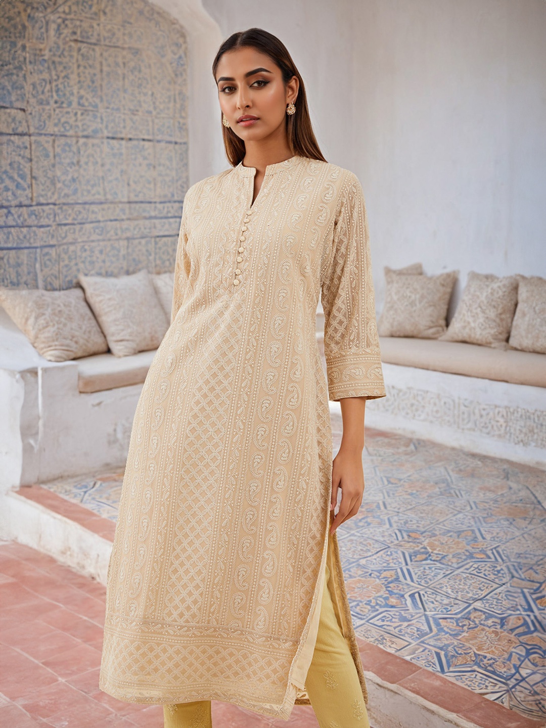 

Soch Women Geometric Thread Work Georgette Kurta, Beige