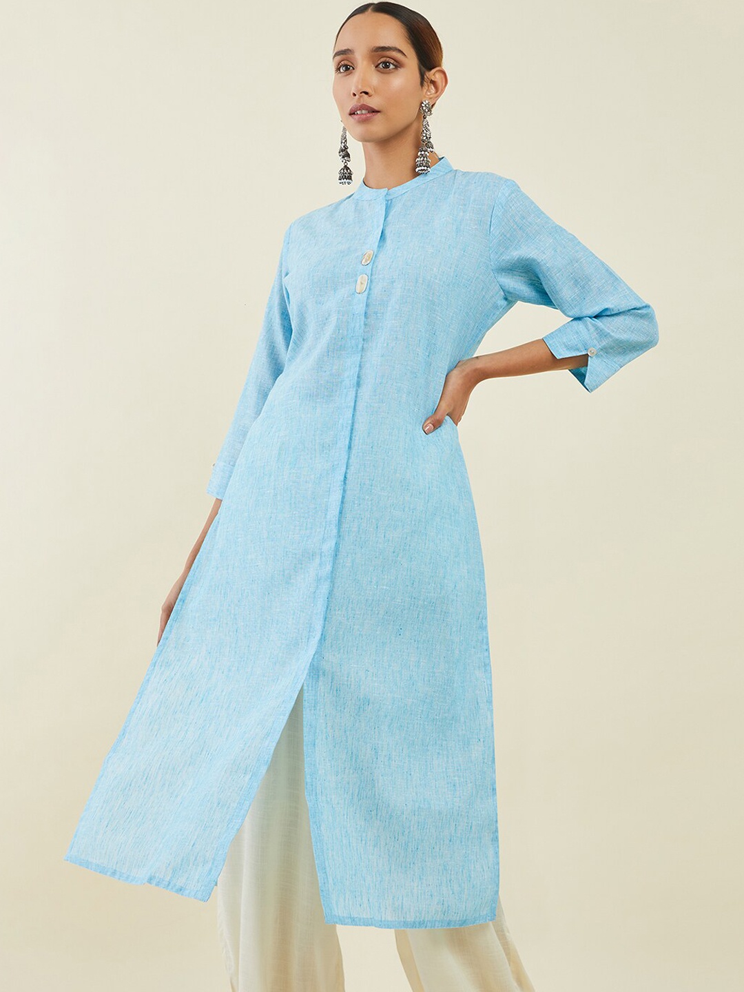 

Soch Women Woven Design Linen A-Line Kurta, Blue
