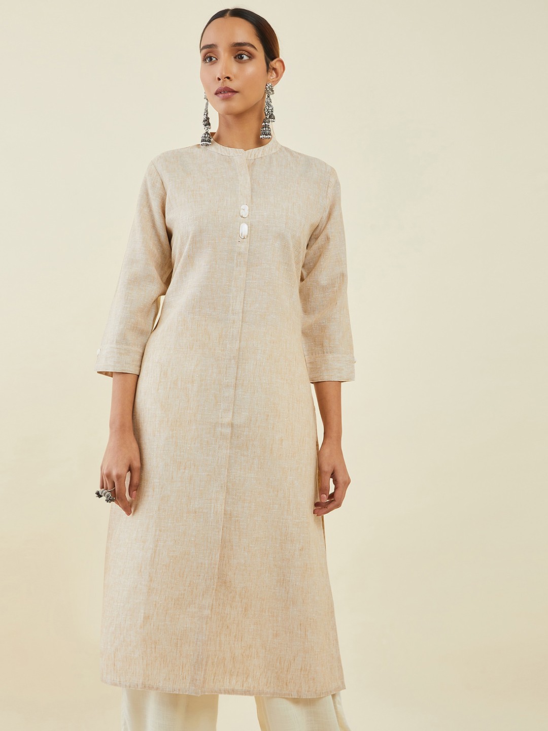

Soch Women Linen Mandarin Collar Straight Kurta, Beige