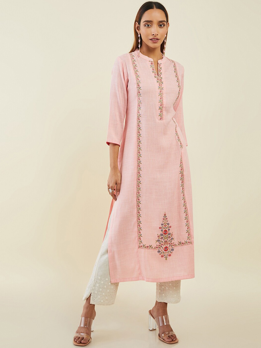 

Soch Women Floral Embroidered Thread Work Kurta, Peach