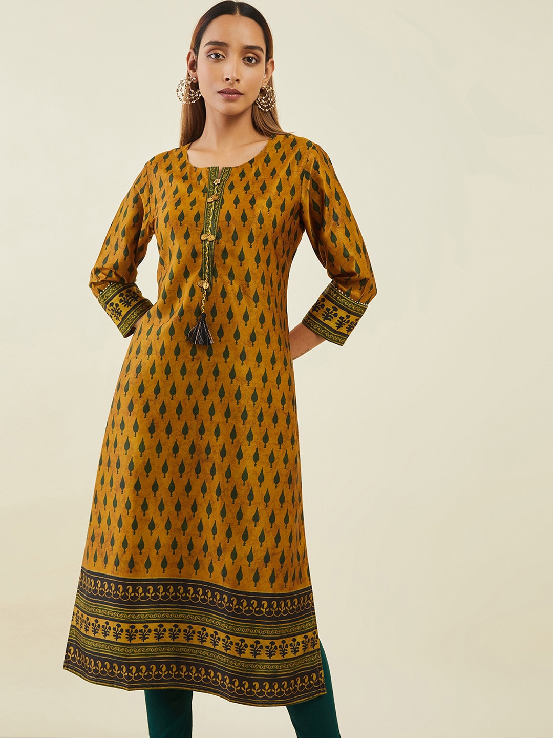 

Soch Women Satin Floral Printed Kurta, Mustard