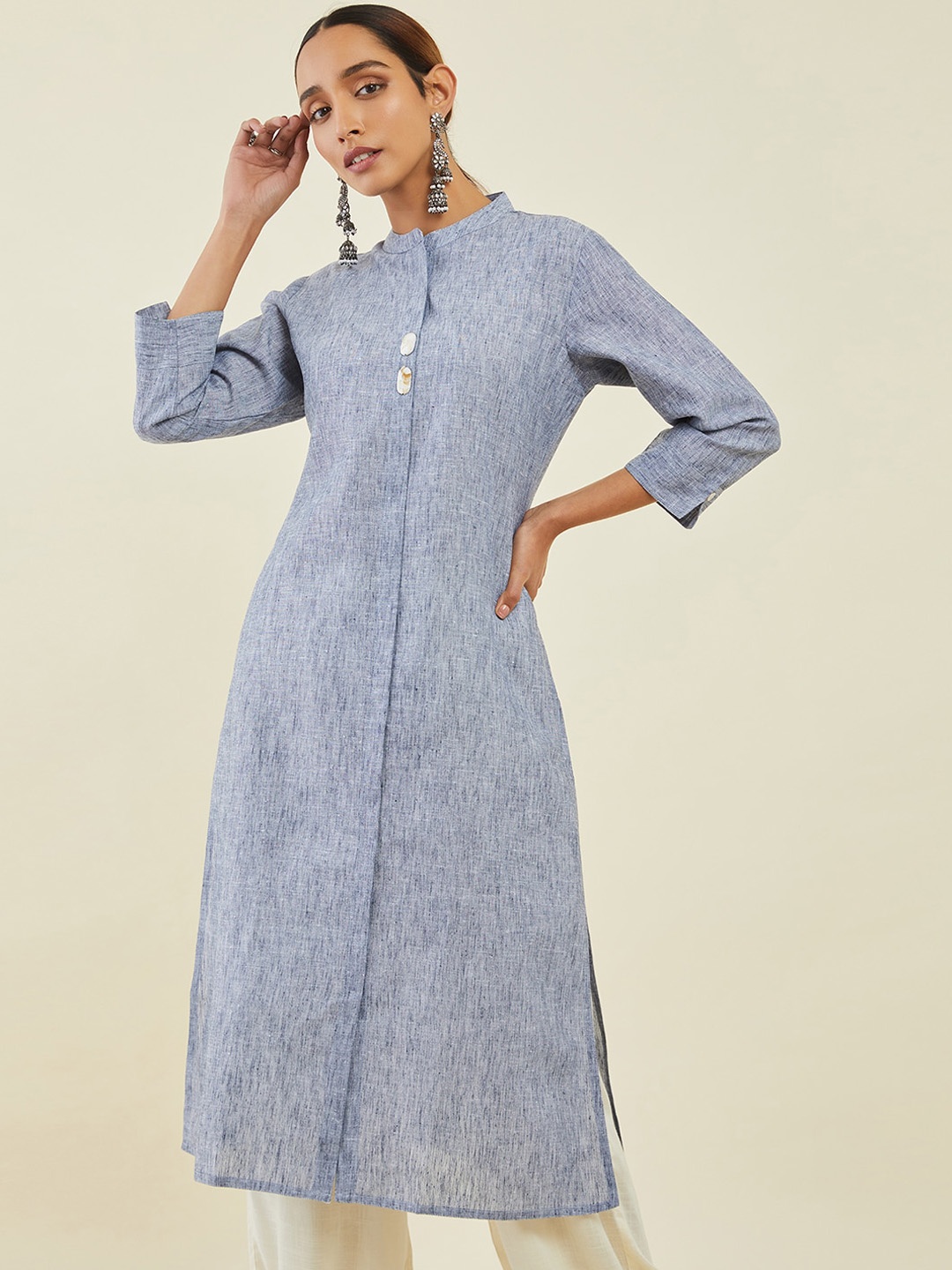 

Soch Women Woven Design Linen Straight Kurta, Blue