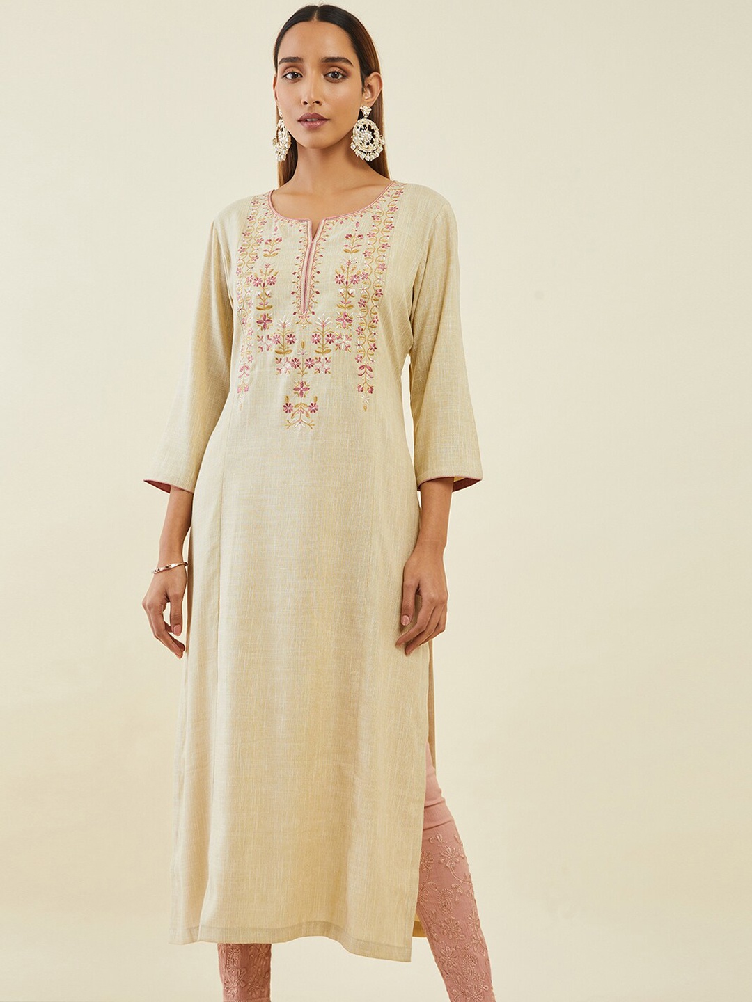 

Soch Women Floral Embroidered Kurta, Beige