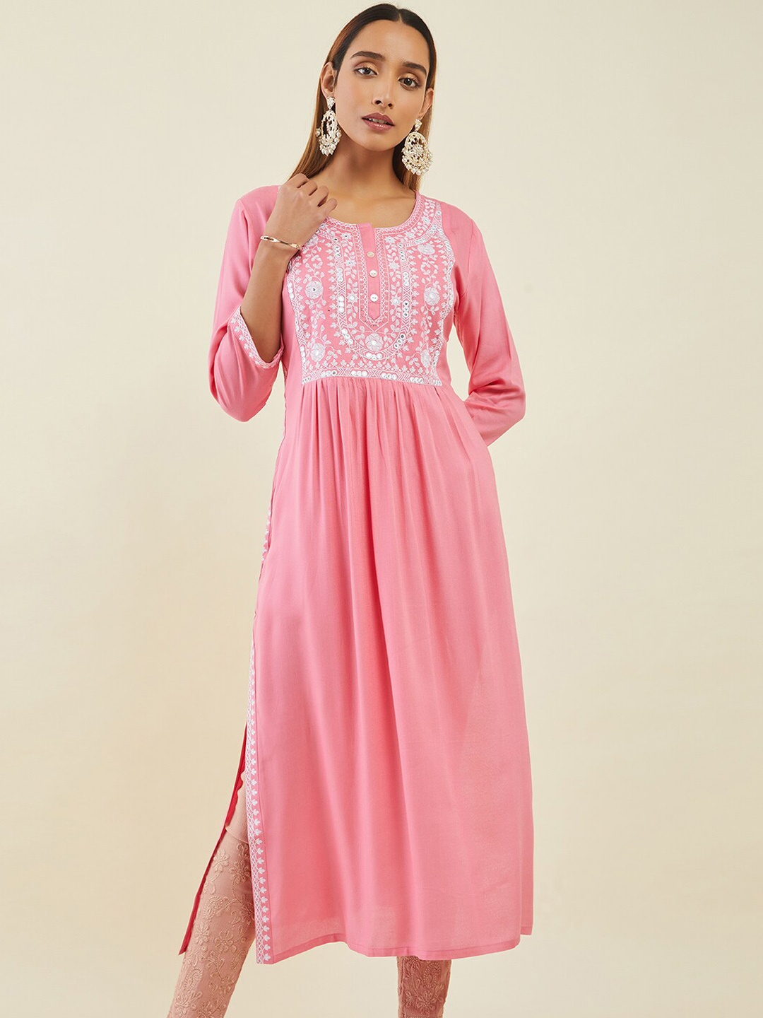 

Soch Women Floral Yoke Design Thread Work Kurta, Coral