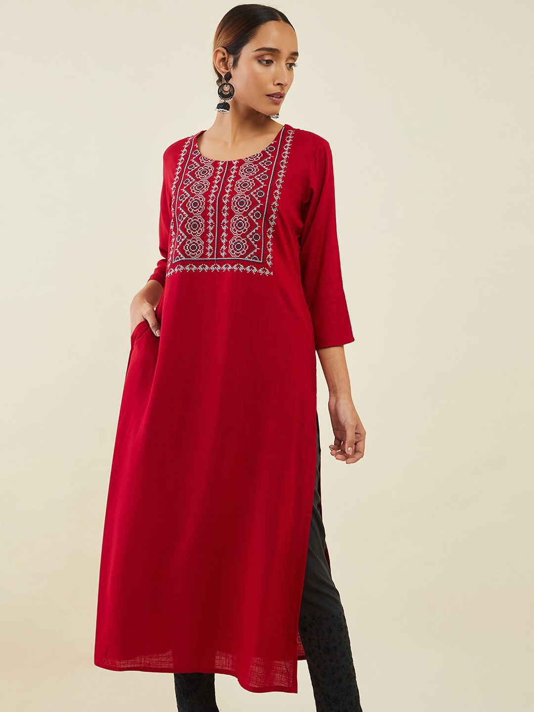 

Soch Women Geometric Yoke Design Thread Work Kurta, Red