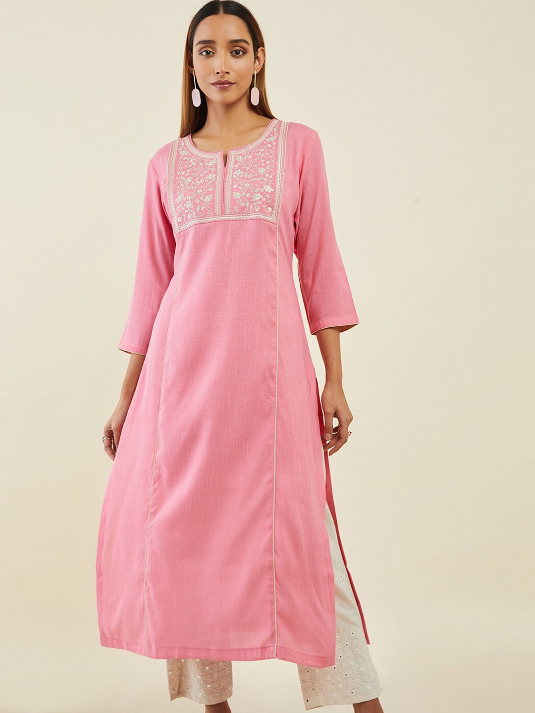 

Soch Women Floral Yoke Design Thread Work Kurta, Pink