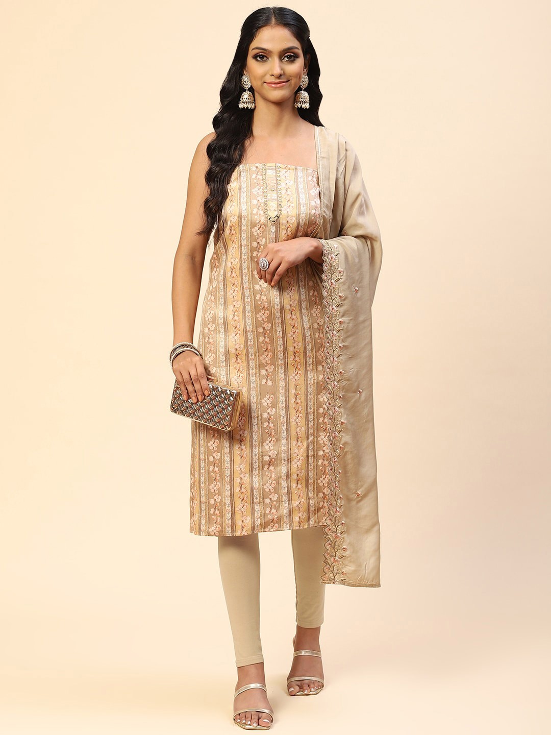 

Meena Bazaar Floral Embroidered Unstitched Dress Material, Beige