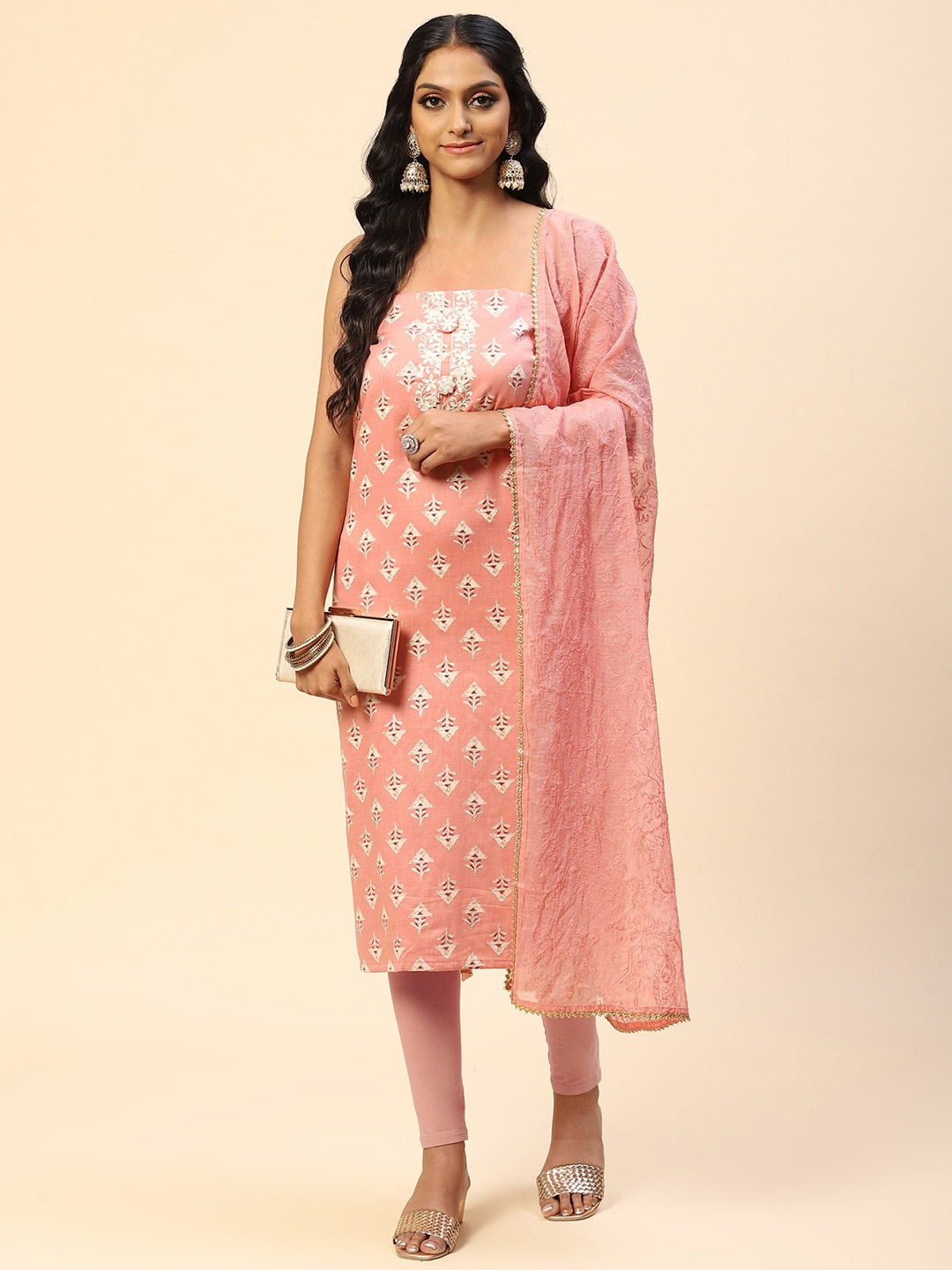 

Meena Bazaar Embroidered Unstitched Dress Material, Peach