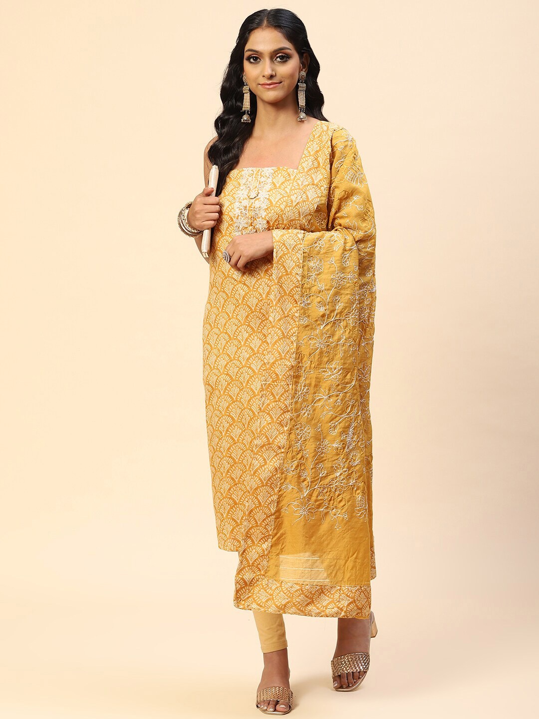 

Meena Bazaar Embroidered Unstitched Dress Material, Mustard