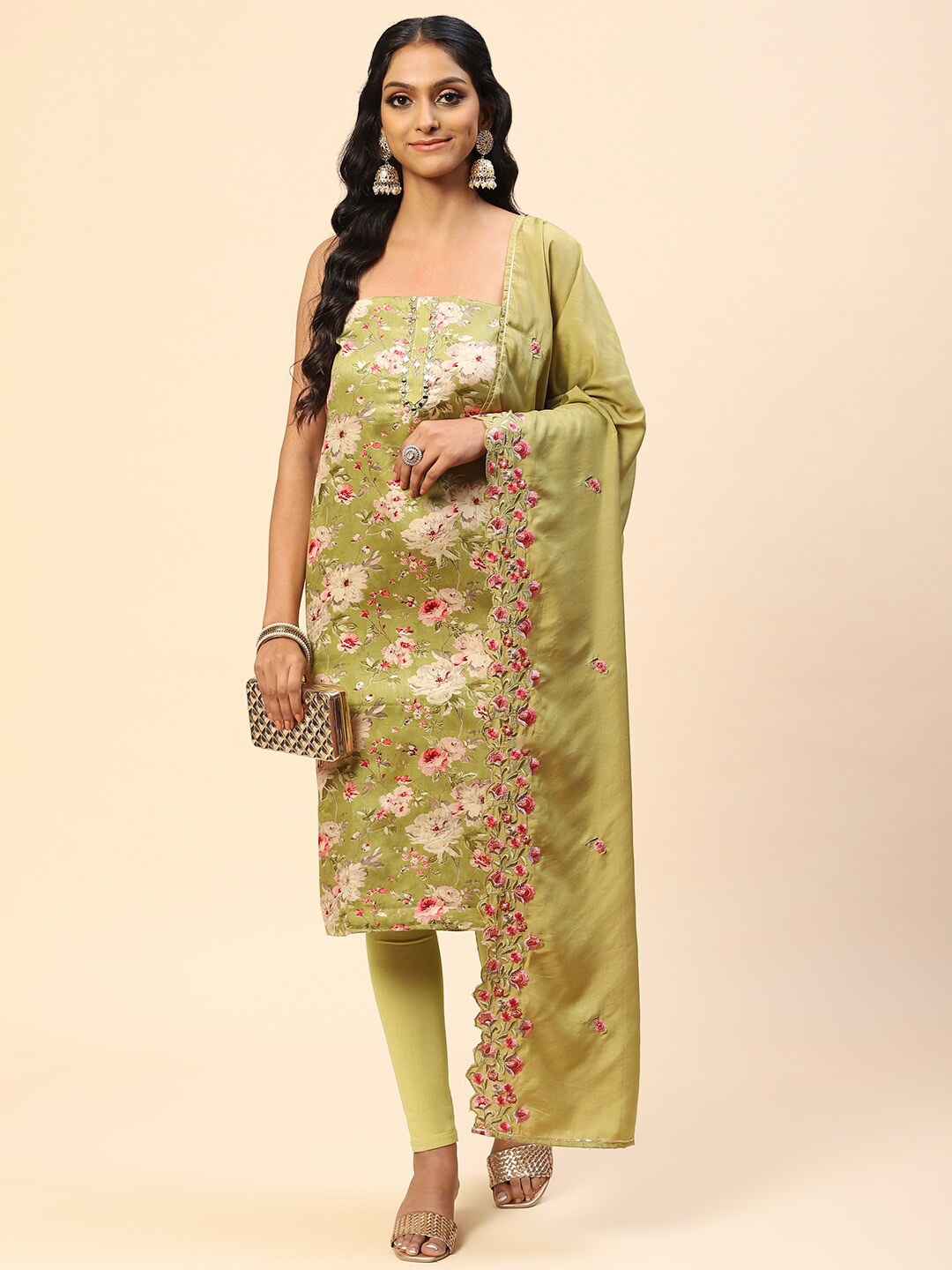 

Meena Bazaar Floral Embroidered Unstitched Dress Material, Green