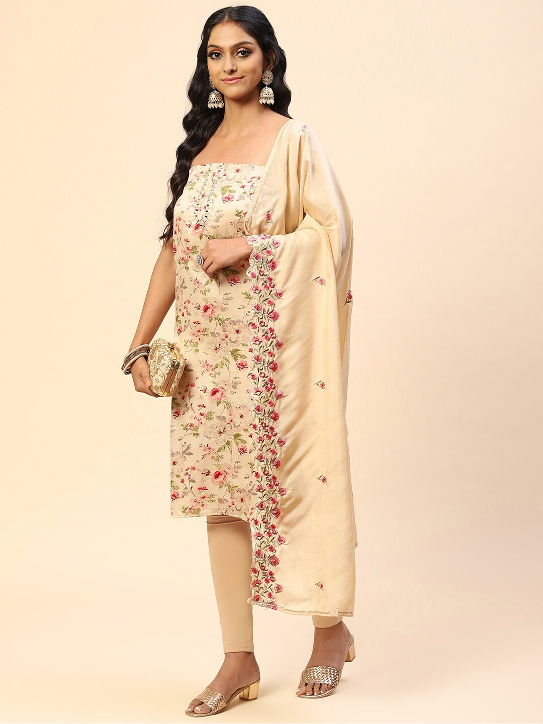 

Meena Bazaar Floral Embroidered Unstitched Dress Material, Beige